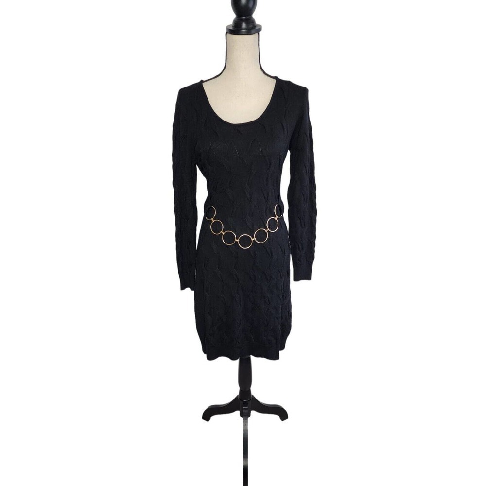 Milly Black Merino Wool Cable Knit Belted Sweater Dress M Scoop Neck